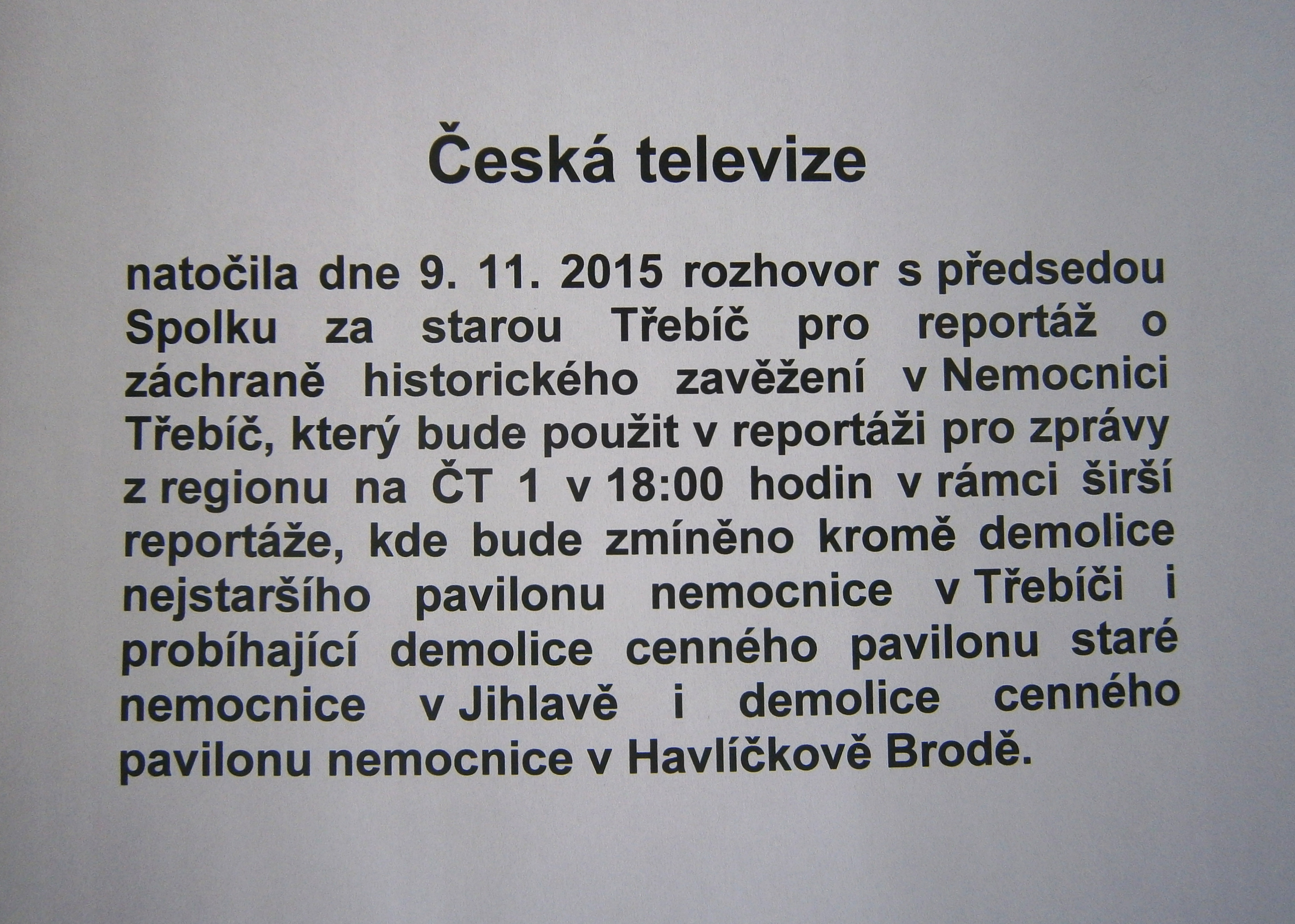 Česká televize - reportáž dne 9.11.2015 v 18:00